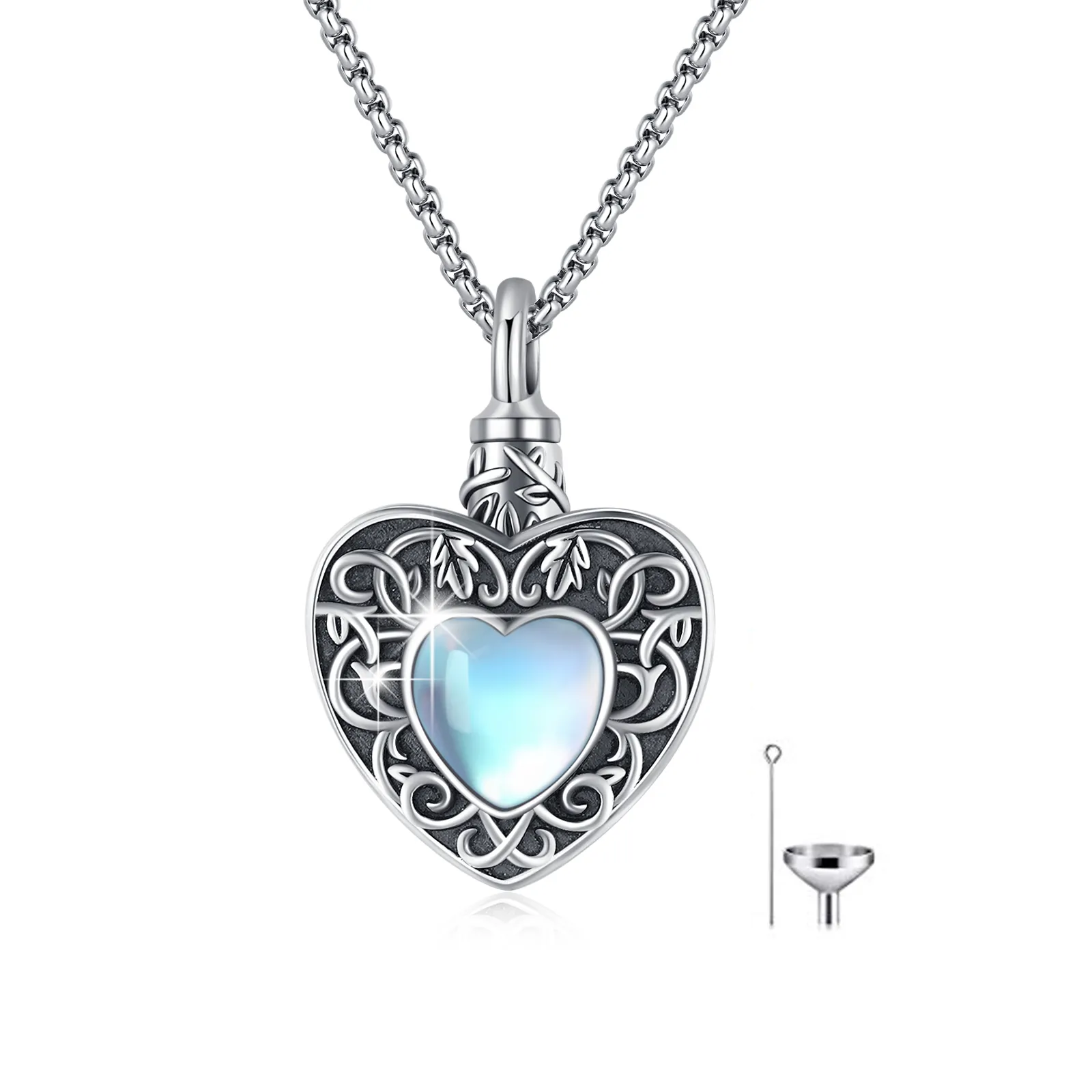 Collana con urna a forma di cuore in pietra di luna in argento sterling per le ceneri