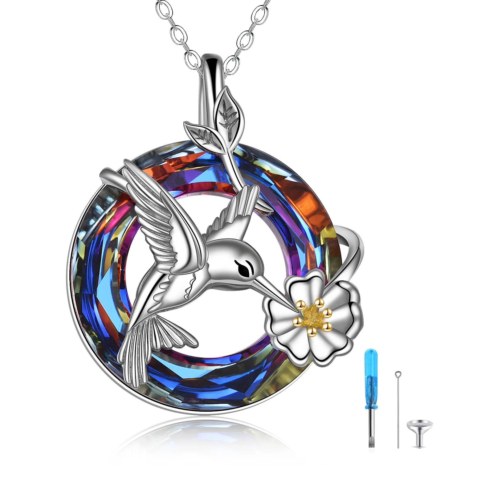Collana con urna per le ceneri in argento sterling e cristallo bicolore con colibrì